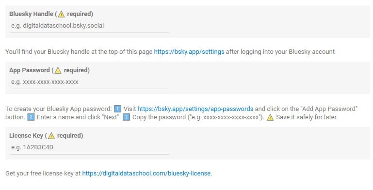 screenshot of all 3 steps to connect to Bluesky from the Bluesky Insights Looker Studio connector